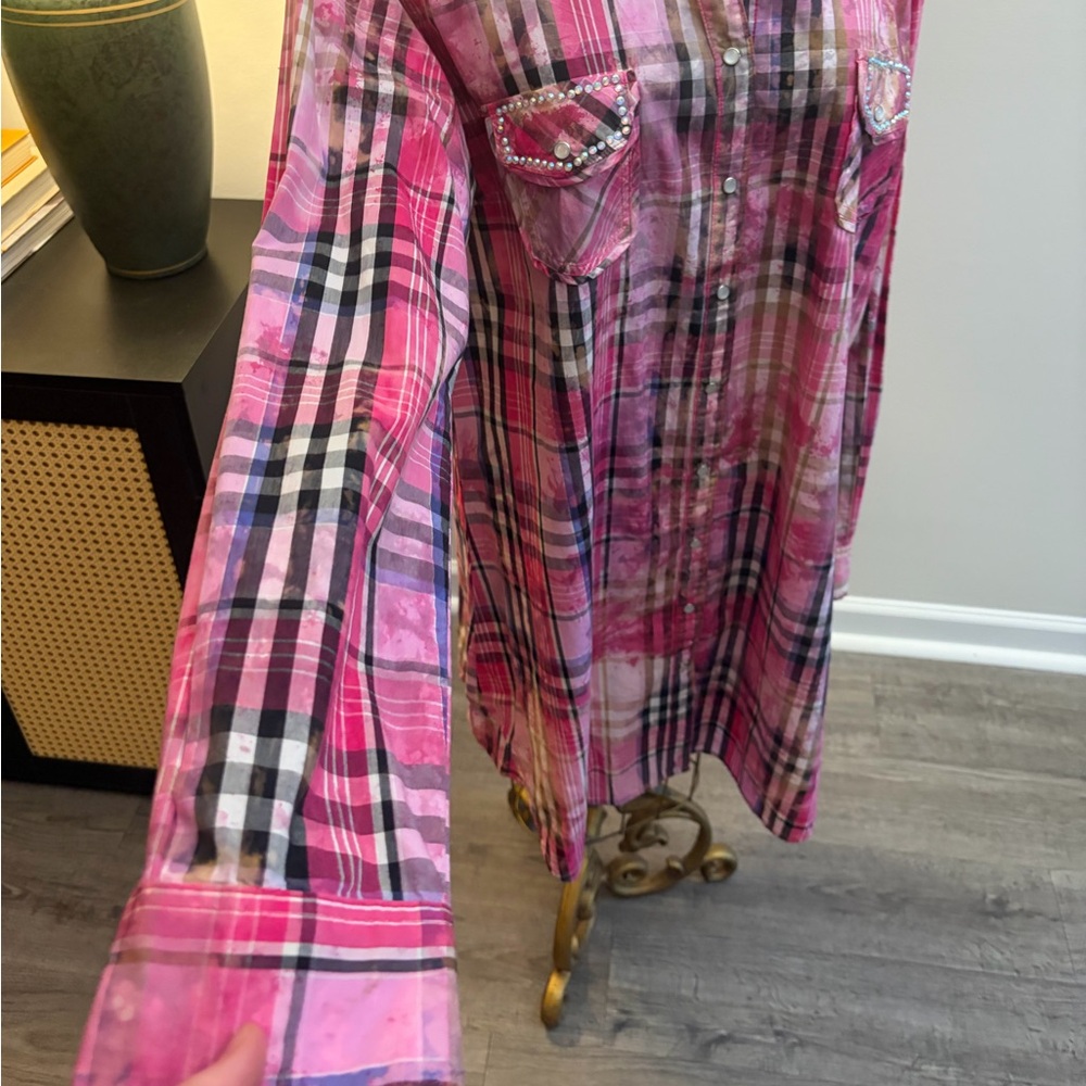 A Rare Bird Handmade Plaid Rhinestone Western Pearl Snap Shirt Dress Size M/L - Picture 4 of 16